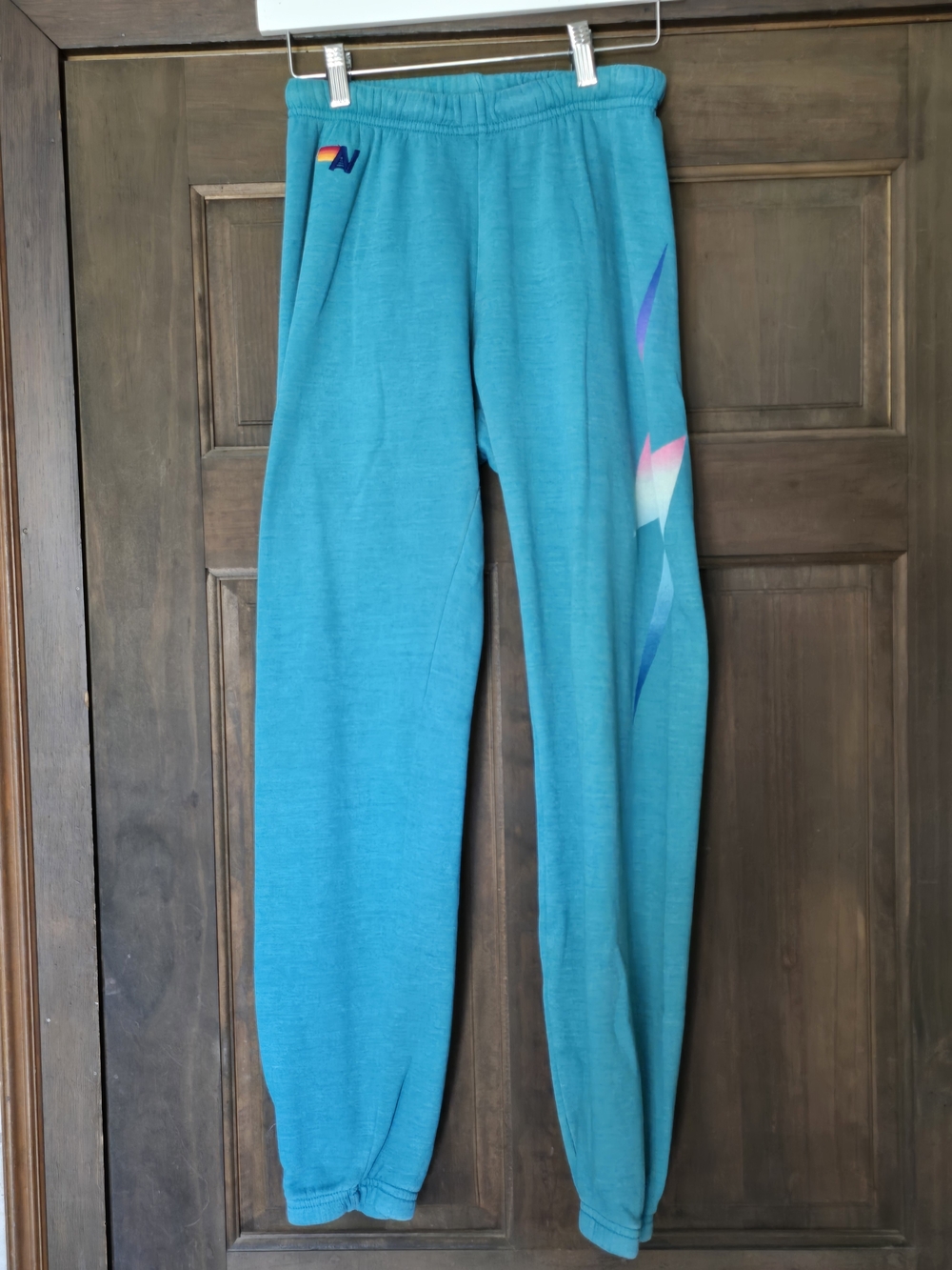 O Aviator Nation Teal Track Sweatpants with Rainbow Side Wave